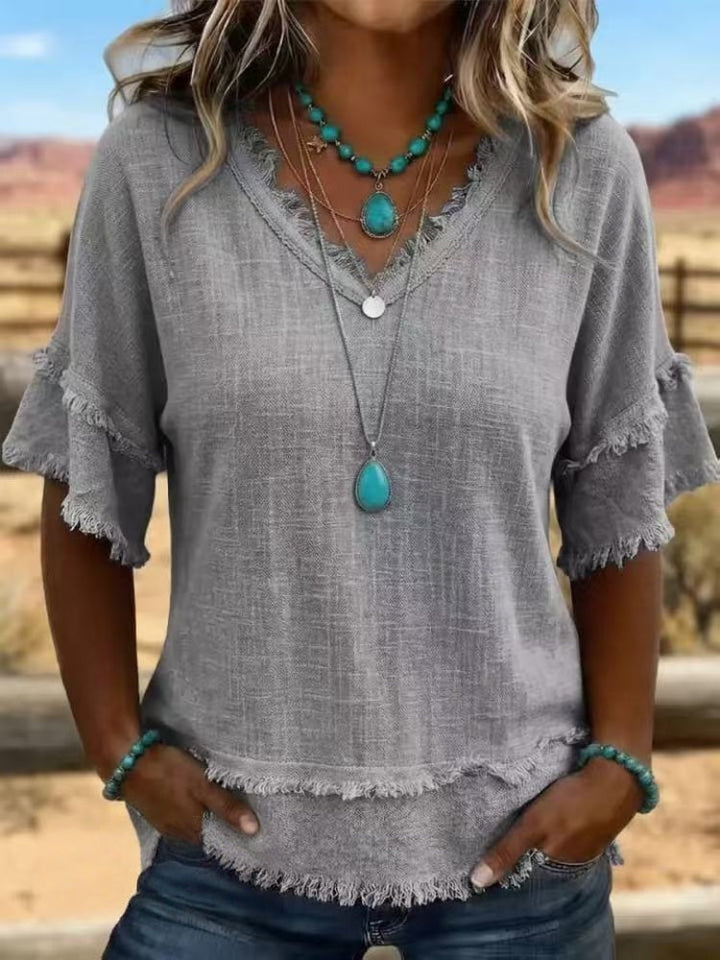 Sara | Linen Blend Fringe V-Neck Top