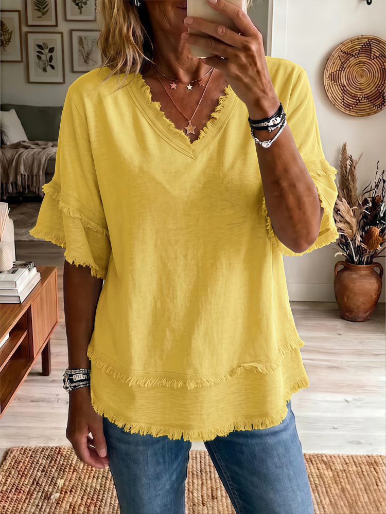 Sara | Linen Blend Fringe V-Neck Top