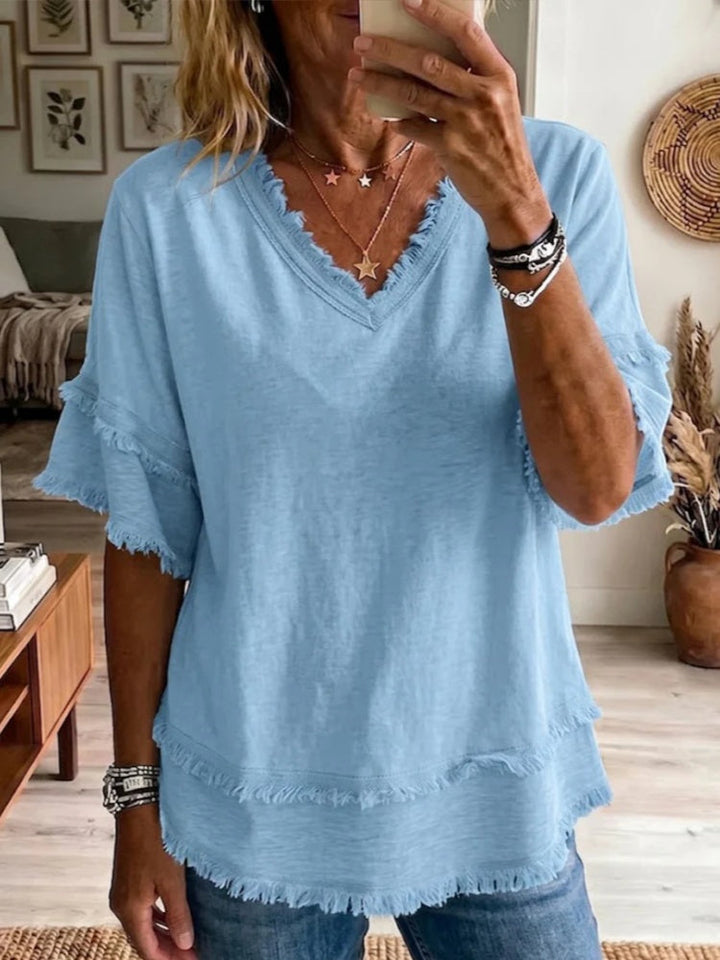 Sara | Linen Blend Fringe V-Neck Top