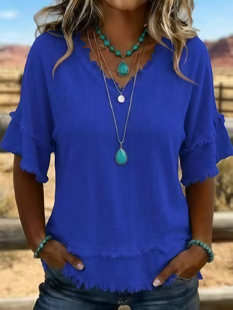 Sara | Linen Blend Fringe V-Neck Top