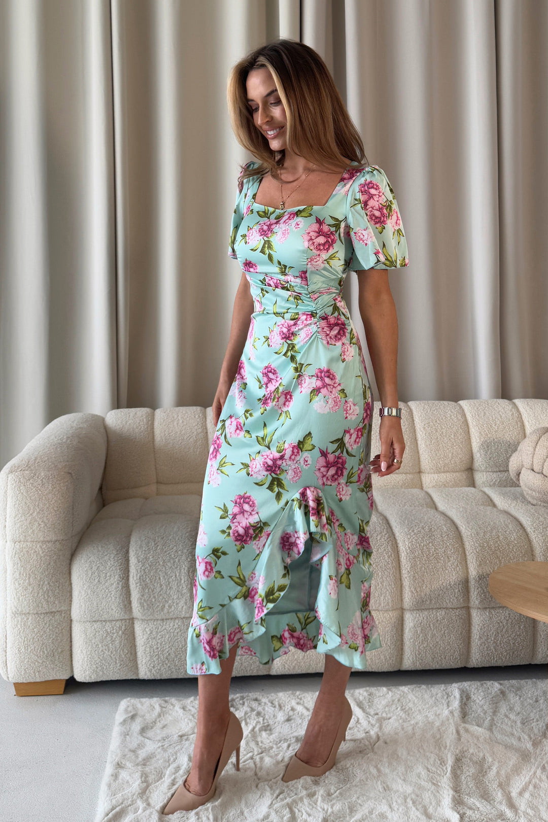 Heidi Green Floral Ruched Midi Dress