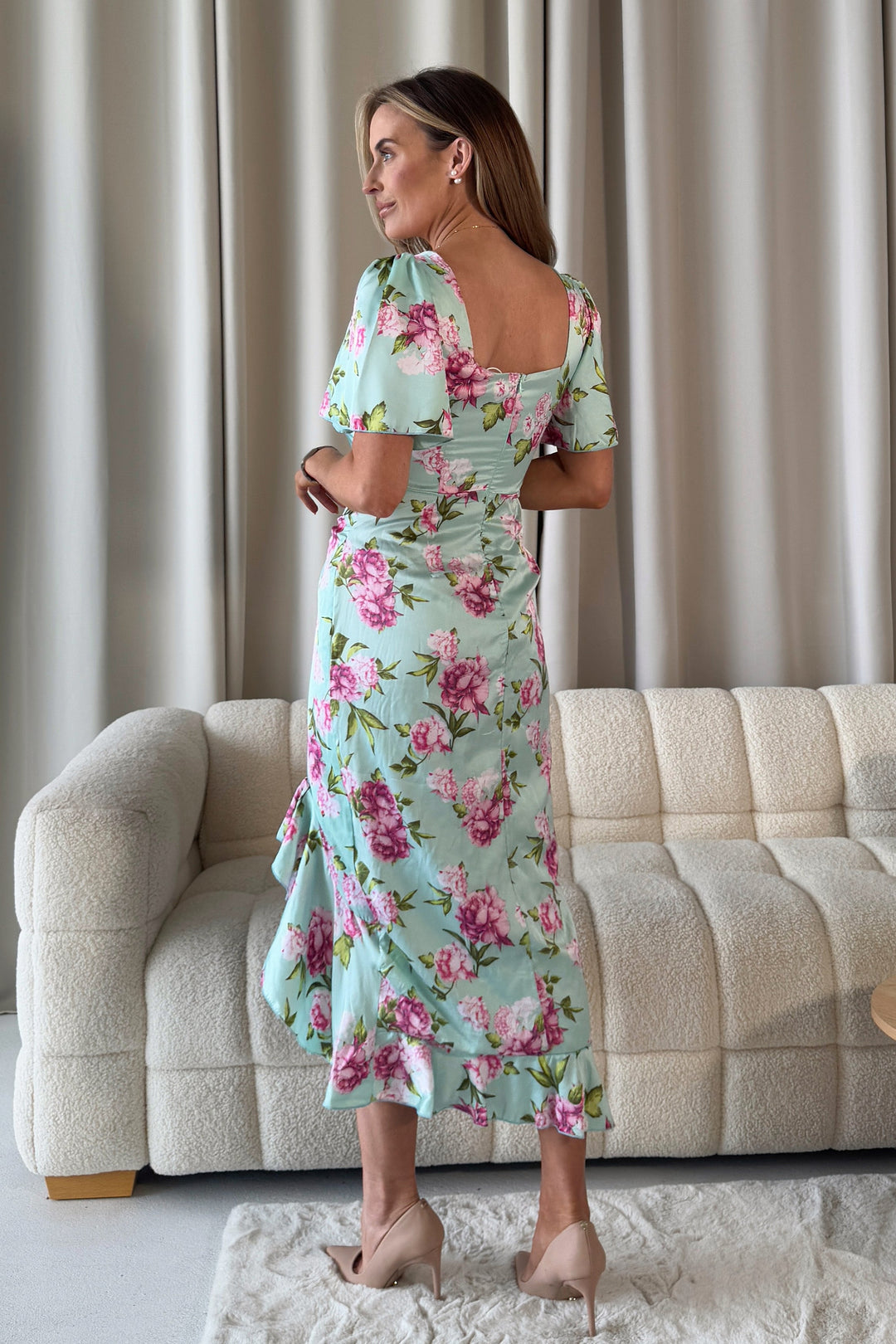 Heidi Green Floral Ruched Midi Dress