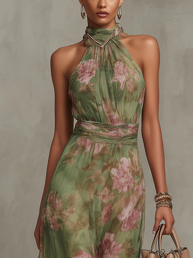 Livya | Floral Maxi Dress with Halter Neckline