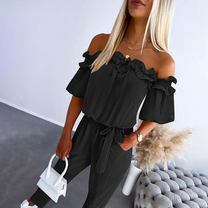 FERILI – Chic Off Shoulder Frill Tie-Waist Jumpsuit