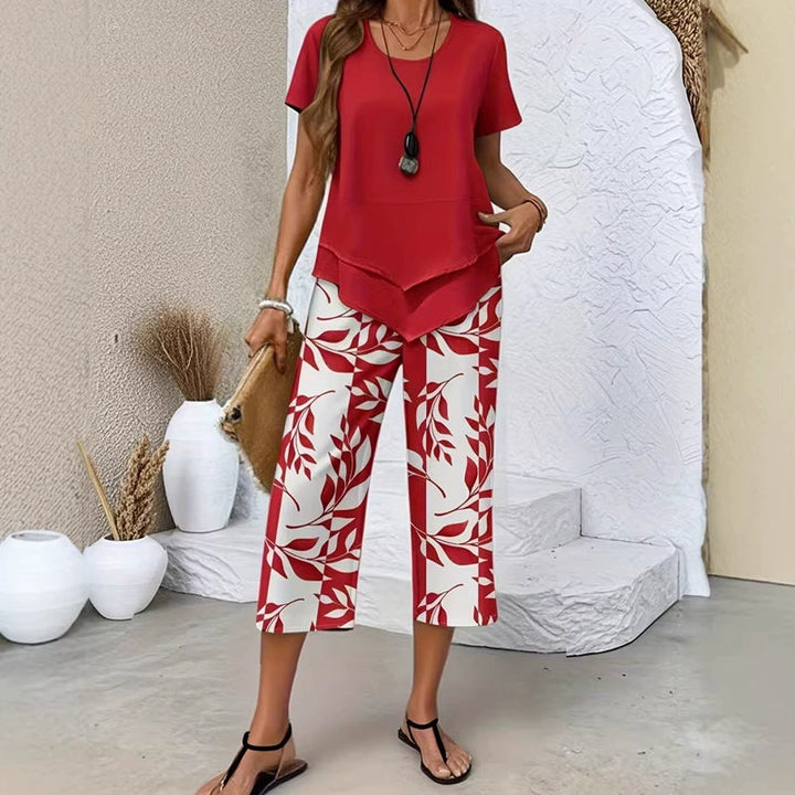 Susan | Casual Round Neck Layered Top and Wide Leg Pants Set